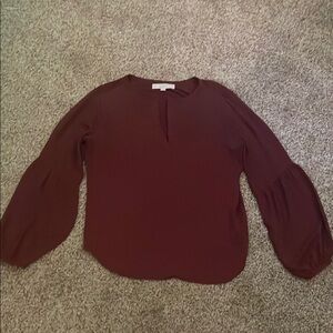 LOFT Red Blouse with Relaxed Ruched Sleeves and Mandarin Collar